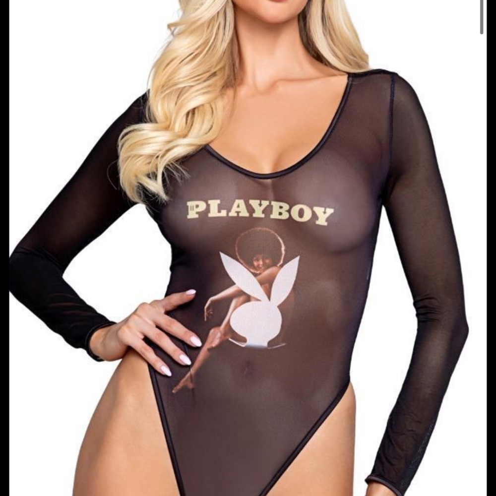 Dolls Kill Black Sheer Long-Sleeve 1971 Playboy Cover Bodysuit Small NWT